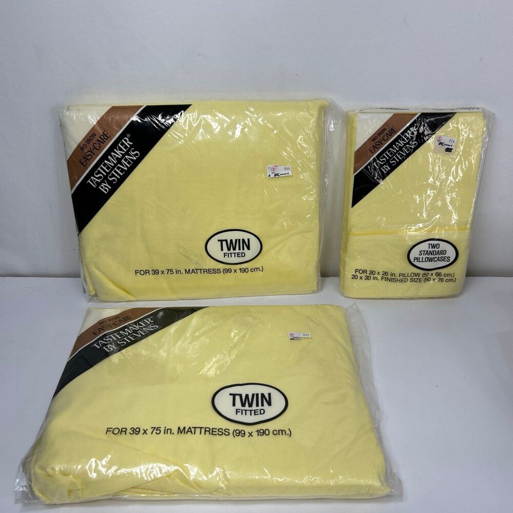 Tastemaker by Stevens Twin Fitted Sheet Pillowcase Set Yellow NOS